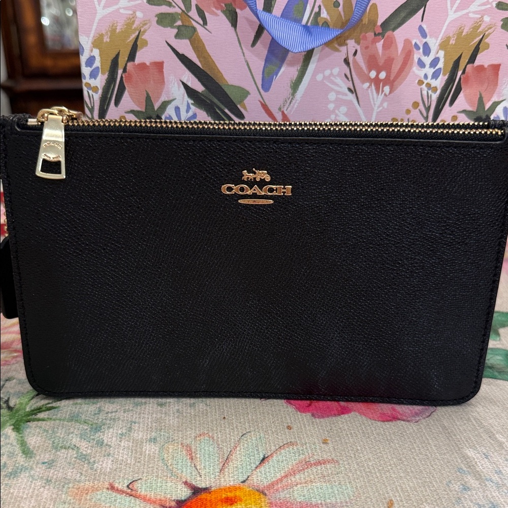 Coach Black Leather Wristlet with Gold Zipper